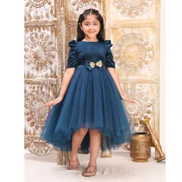 Toy Balloon Kids Net Woven Half Puffed Sleeves Velvet Sequin Bow Applique Detailed Dress - Teal Blue-picture-13
