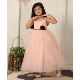 Toy Balloon Kids Net Woven Sleeveless Floral Applique Detailed & Beaded Gown - Light Peach-picture-12