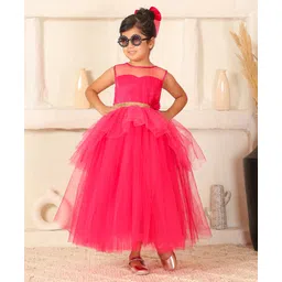 Toy Balloon Kids Net Woven Sleeveless Floral Applique Detailed & Sequins Embellished Layered Gown - Fuchsia Pink-picture-37
