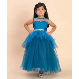Toy Balloon Kids Net Woven Sleeveless Floral Applique Detailed & Sequins Embellished Layered Gown - Teal Blue-picture-35