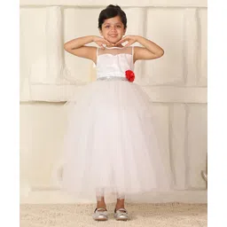 Toy Balloon Kids Net Woven Sleeveless Floral Applique Detailed & Sequins Embellished Layered Gown - White-picture-38