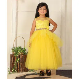 Toy Balloon Kids Net Woven Sleeveless Floral Applique Detailed & Sequins Embellished Layered Gown - Yellow-picture-24