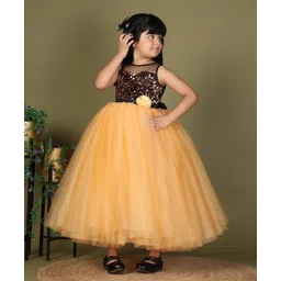 Toy Balloon Kids Net Woven Sleeveless Floral Applique Detailed Sequins Embellished Gown - Dusty Rose & Yellow-picture-33