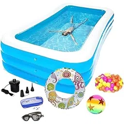 Toyshine Pool Party Combo set Includes10 Ft Rectangular bath Tub | Air Inflation Pump| Pool Ring | Balloon Ball |Swimming Geogles & Bunch of water Balloon Complete water fun for Family and Kids-picture-18