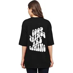 tqh Women Casual Printed Short Sleeve with Round Neck Cotton Blend Over Size Longline Drop Shoulder, Very Trendy Printed, Boho Style Black T-Shirt_PT_398-picture-13