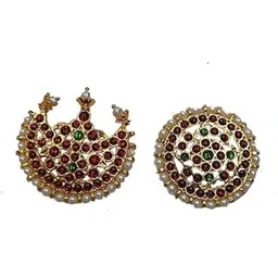 Traditional Bharatanatyam Hair Accessory Set, Sun and Moon Chanran Sooriyan Maang Tikka with Red Kemp Stones-picture-37