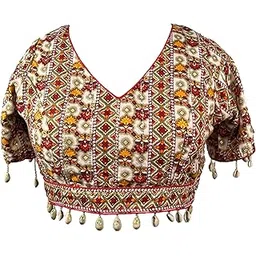 Traditional Embroidered Crop Blouse, V-Neck, Shell Tassels, Red and Orange Floral Pattern, Short Sleeves (RED, 40 Alterable)-picture-18