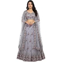Traditional Floral Embroidered Net Lehenga Choli Set, Grey with Maroon Floral Work, Semi-Stitched, Round Neck, Free Size, 3 Piece Set with Dupatta-picture-48