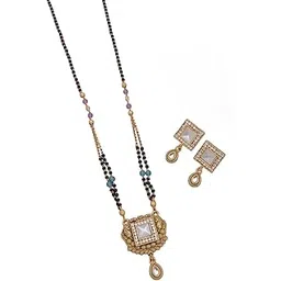 Traditional Gold Plated Mangalsutra Set with Earrings for Women | Antique Bridal Jewellery | Double Chain Black Beads with Floral Design Pendant & Matching Earrings | Ethnic Indian Wedding Wear-picture-50