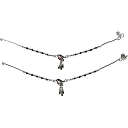 Traditional Silver Crystal Anklet Payal with Beads for Women, Girls Black and Silver Design-picture-15