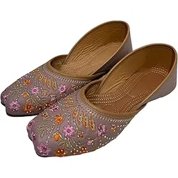 Traditional Women's Embroidered Mojari Jutti, Grey and Brown with Pink Orange Floral Design, Handcrafted Slip-On Style-picture-27