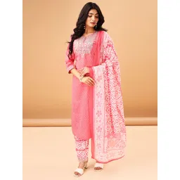 TRAHIMAM Women Embroidered Regular Pure Cotton Kurta with Trousers-picture-16