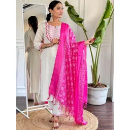 TRAHIMAM Women Ethnic Motifs Embroidered Regular Thread Work Pure Cotton Kurta with Trousers & With Dupatta-picture-26