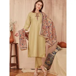 TRAHIMAM Women Floral Embroidered Regular Kurta with Trousers & With Dupatta-picture-22