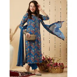 TRAHIMAM Women Floral Embroidered Regular Kurti with Trousers & With Dupatta-picture-29