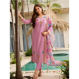 TRAHIMAM Women Floral Embroidered Regular Thread Work Kurta with Trousers & With Dupatta-picture-0