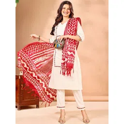 TRAHIMAM Women Floral Embroidered Regular Thread Work Pure Cotton Kurta with Trousers & With Dupatta-picture-46