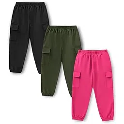 Trampoline Kids Joggers Trackpants Pack of 3 - Black, Pink & Green | Knit Cotton Blend Cargo Style Pants | Soft Elastic Waist Track Bottoms with Pockets | Comfy Everyday Activewear-picture-11
