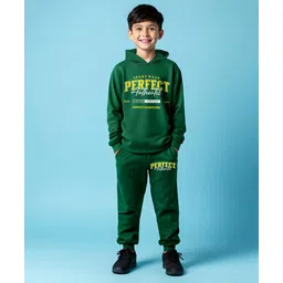 Trampoline Cotton Blend Full Sleeves Typography Printed Hooded Tee With Track Pants Set - Green-picture-47