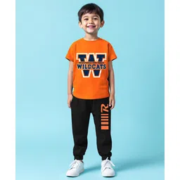 Trampoline Cotton Blend Half Sleeves Wild Cats Text Printed Tee & Track Pants Set - Orange & Black-picture-25