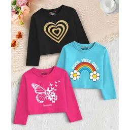 Trampoline Cotton Blend Knit Pack Of 3 Full Sleeves Butterfly & Heart Printed Tops - Multi Colour-picture-14