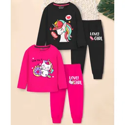 Trampoline Cotton Blend Pack Of 2 Full Sleeves Unicorn Printed Tees & Pajamas Set - Black & Pink-picture-14