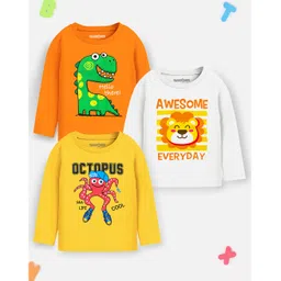 Trampoline Cotton Blend Pack Of 3 Full Sleeves Baby Animals Printed Tees - Orange White & Yellow-picture-10