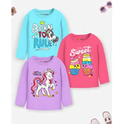 Trampoline Cotton Blend Pack Of 3 Full Sleeves I M Sweet Text & Unicorn Printed Tees - Pink Blue & Purple-picture-12