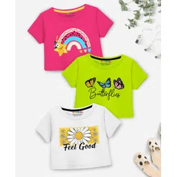 Trampoline Cotton Blend Pack Of 3 Half Sleeves Butterfly & Rainbow Printed Crop Tops - Multi Colour-picture-32
