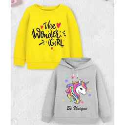 Trampoline Fleece Knit Pack Of 2 Full Sleeves The Wonder Girl Text & Unicorn Printed Light Winter Sweatshirt & Hoodie - Yellow & Grey-picture-44