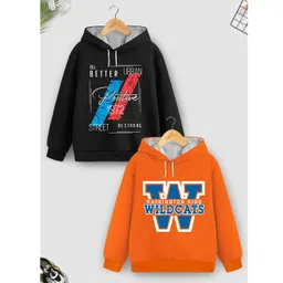 Trampoline Fleece Knit Pack Of 2 Full Sleeves Typography Printed Light Winter Hoodies - Black & Orange-picture-34