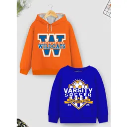 Trampoline Fleece Knit Pack Of 2 Full Sleeves Typography Printed Light Winter Sweatshirt & Hoodie - Orange & Blue-picture-25