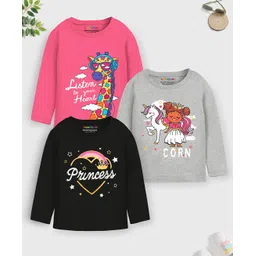 Trampoline Pack Of 3 Full Sleeves Giraffe & Unicorn Printed Tees - Pink Black & Grey-image-32