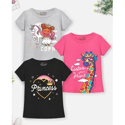 Trampoline Pack Of 3 Half Sleeves Unicorn & Princess Text Printed Tees - Pink Black & Grey-picture-9