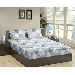 Trance Home Linen 100% Cotton 84"X78" Elastic Fitted Bedsheet Super King Bed Size | Printed Fitted Sheet | Elasticated Fitted Bedspread With 2 Pillow Covers (84X78 Inch, Ferns Blue), 180 tc-picture-12