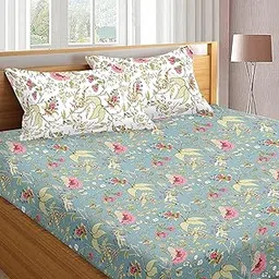 Trance Home Linen 100% Cotton King Size Bedsheet for Double Bed, 1 Cotton Bed Sheet Double Bed (108x108 Inches) with 2 Pillow Covers | 200 TC Bed Sheet Double Bed (9x9 Feet | Calicut Green White)-picture-21
