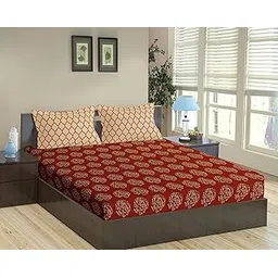Trance Home Linen 100% Cotton King Size Bedsheet for Double Bed, 1 Sheet (108x108 Inches) With 2 Pillow Covers | 200 TC (9x9 Feet | Damask & Dori - Clay Red)-picture-20