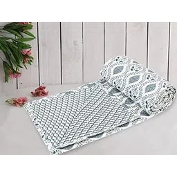 Trance Home Linen 100% Cotton Reversible Dohar Single Bed Size | Jaipuri Printed Artisan Block Design Blanket | Soft Lightweight Ac Comforter Quilt (56"X88", Jaal Blue) Pack of 1-image-5