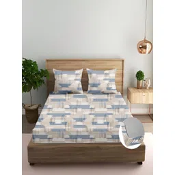 Trance Home Linen Blue & Beige Geometric 180 TC Queen Bedsheet with 2 Pillow Covers-image-31