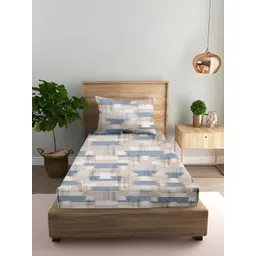 Trance Home Linen Blue & Beige Geometric 180 TC Single Bedsheet with 1 Pillow Covers-image-29