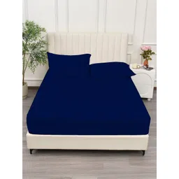 Trance Home Linen Navy Blue Fitted Cotton 400 TC King Bedsheet With 2 Pillow Covers-picture-11