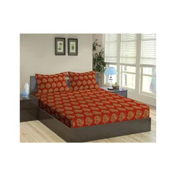 Trance Home Linen Pure Cotton King Size Fitted Bedsheet with Pillow Covers - Clay Red-picture-10