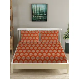 Trance Home Linen Red & Beige Floral 210 TC King Bedsheet with 2 Pillow Covers-picture-30