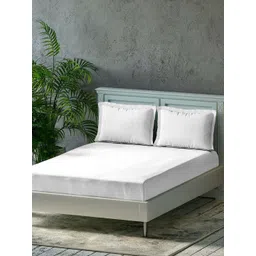 Trance Home Linen White 300 TC Pure Cotton Fitted Queen Bedsheet With 2 Pillow Covers-picture-20