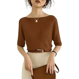 traquila Boat Neck Half Sleeves T-Shirt Top for Women (Brown L)-picture-39