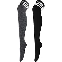 trazo Women's Thigh High Socks Over the Knee High Knitted Casual Boot Socks, Stiped Long Fashionable Stockings Pack of 2 (Dark Grey, Black)-picture-12