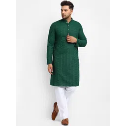 TREEMODA Men Green & White Embroidered Kurta with Pyjamas-picture-10