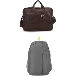 treggo Urban Travel Professional 2-Piece Bag Set, Brown Leather Messenger Briefcase and Grey Backpack, Business Laptop Bags with Adjustable Straps-picture-17