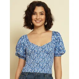 Trend Arrest Blue Floral Print Puff Sleeve Smocked Top-picture-37