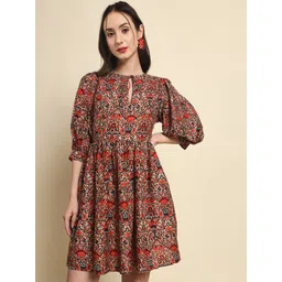 Trend Arrest Floral Printed KeyHole Neck Puff Sleeve Fit & Flare Dress-picture-30